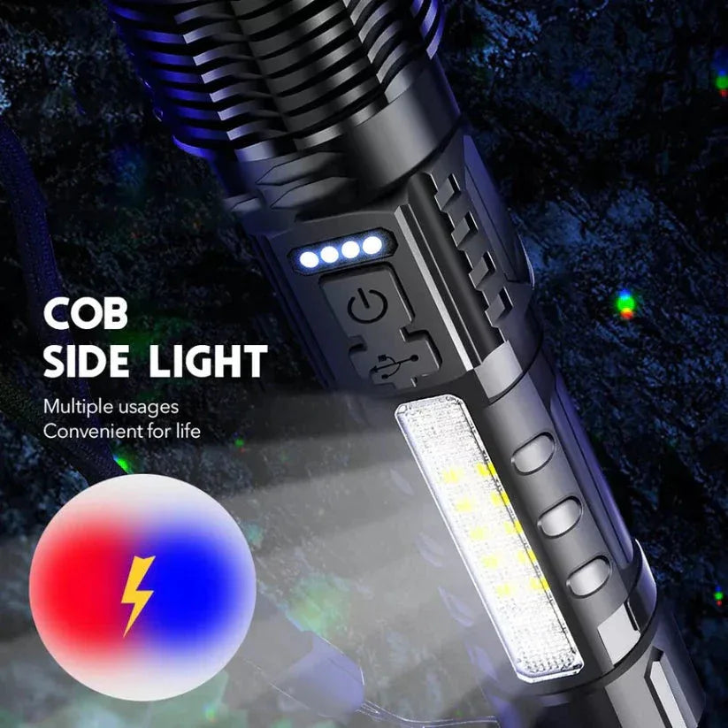 Tactical flashlight with COB side light feature on a dark background

