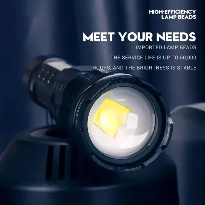 Close-up of a flashlight with imported lamp beads on a dark background

