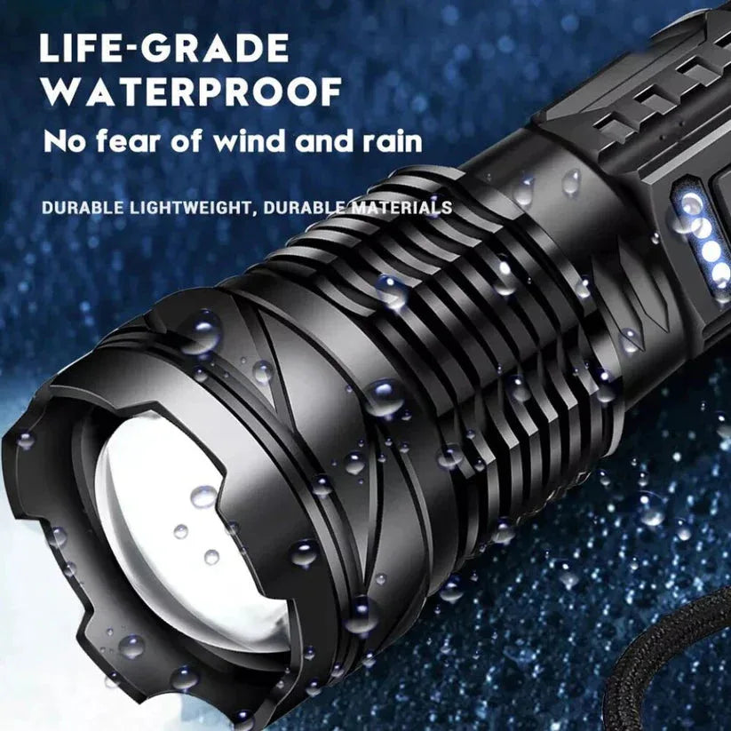 Black flashlight with water droplets on a blue background, emphasizing waterproof feature.

