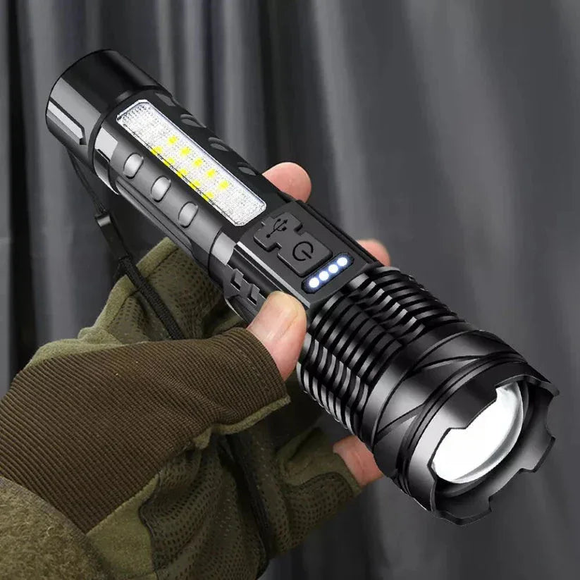 Hand holding a black flashlight with a dark background


