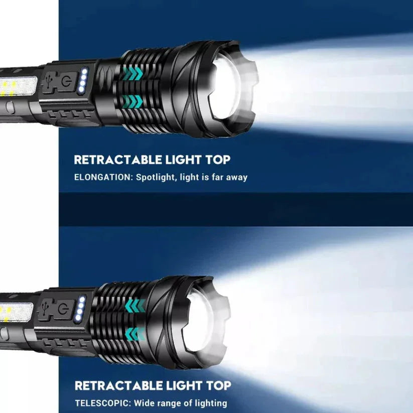 Two views of a flashlight with retractable light tops on a blue and white background.

