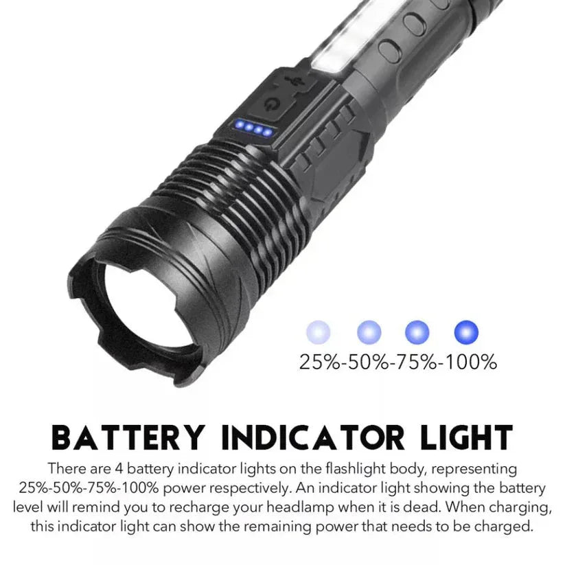 Black flashlight with battery indicator lights on a white background

