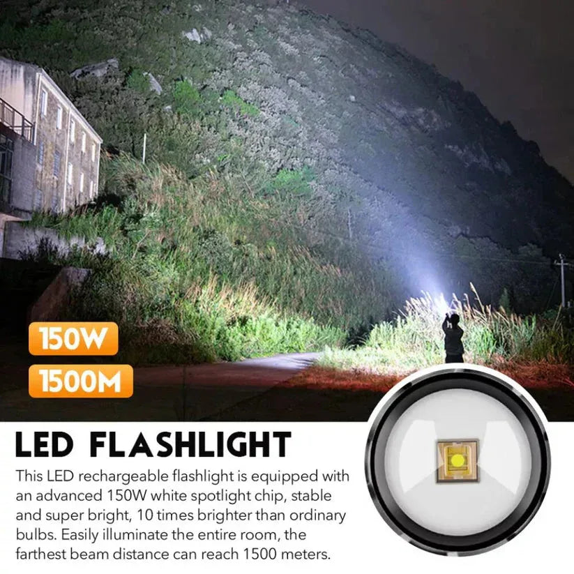 LED flashlight being used to illuminate a dark area with a mountainous background

