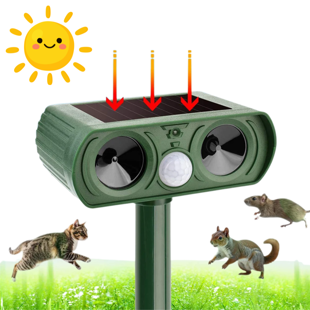 Solar-powered animal repeller with a sun icon and animals on a grassy background

