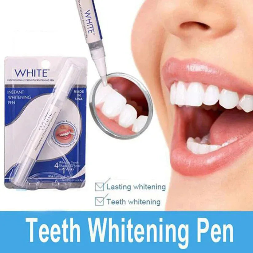 Teeth whitening pen with packaging and close-up of teeth showing white teeth.

