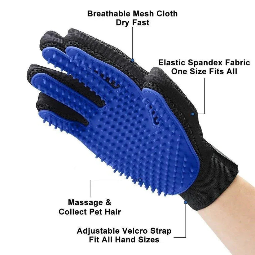 Blue grooming glove with black accents on a white background, featuring text labels about its features.

