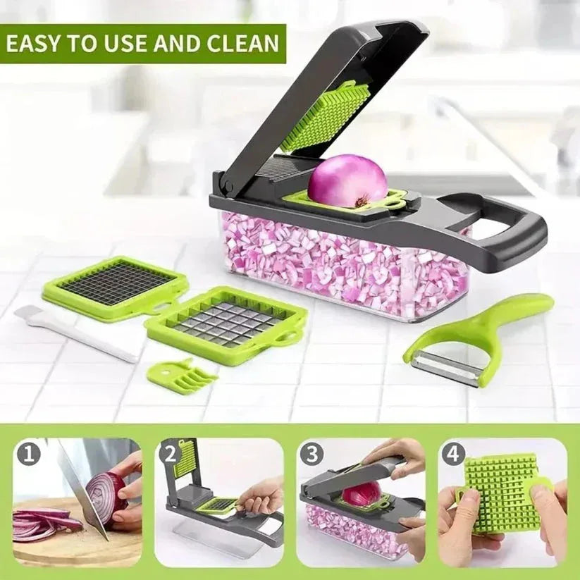 Multifunctional kitchen tool with onion dicer, peeler, and storage container on a white background.

