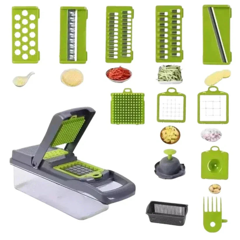 Multifunctional kitchen slicer with various attachments on a white background

