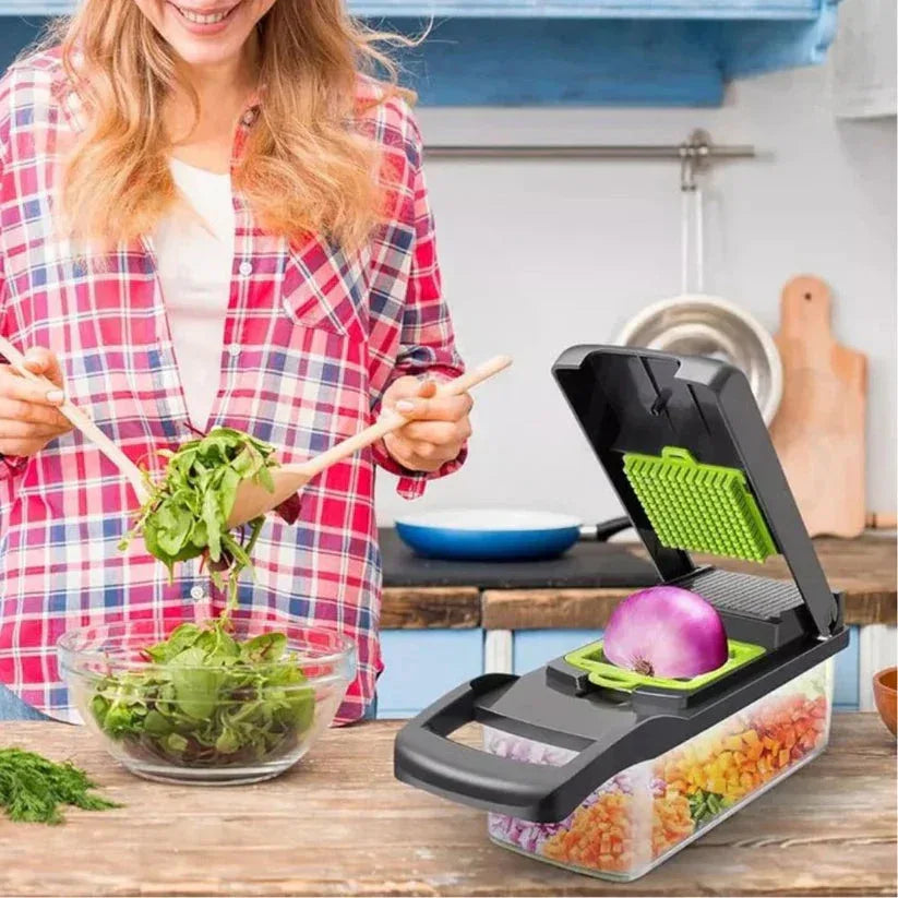 Person preparing salad with a kitchen tool on a wooden table

