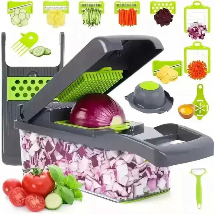 Multifunctional kitchen tool with onion dicer and additional attachments on a white background

