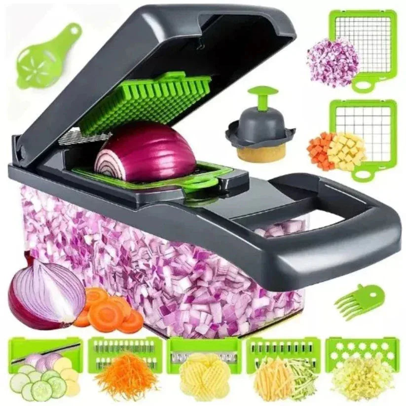 Vegetable chopper with various attachments and ingredients on a white background

