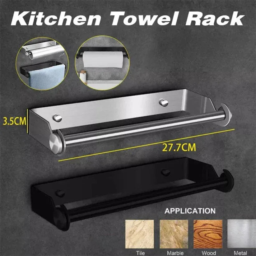 Kitchen towel rack with dimensions and material application on a dark background


