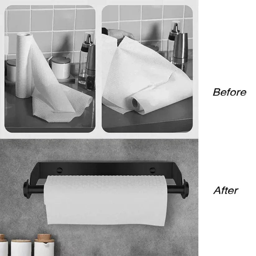 Before and after comparison of paper towels on a kitchen counter with a paper towel holder.

