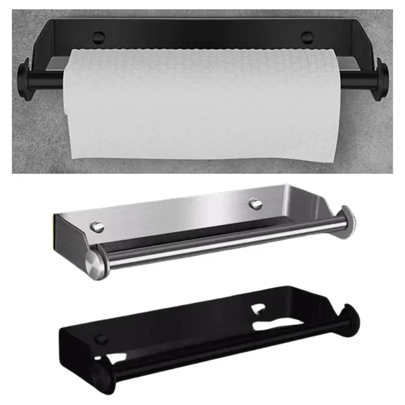 Set of three paper towel holders in black, chrome, and black with a roll of paper towels.

