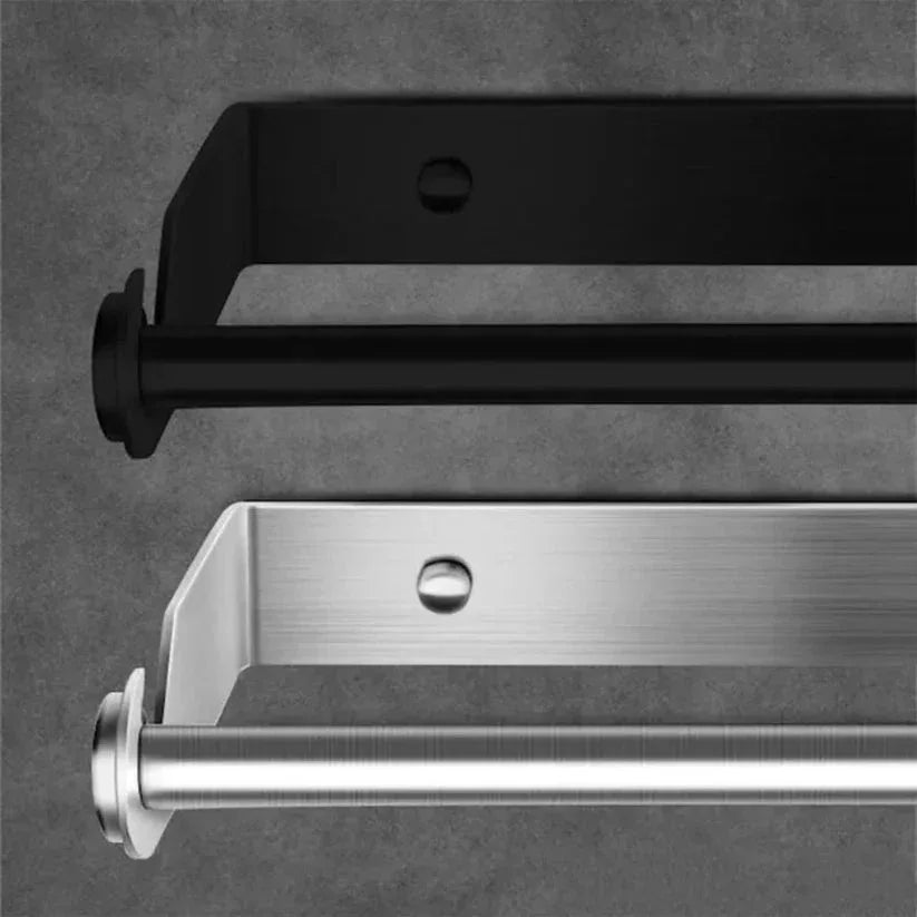 Two metal brackets, one black and one silver, on a gray background.

