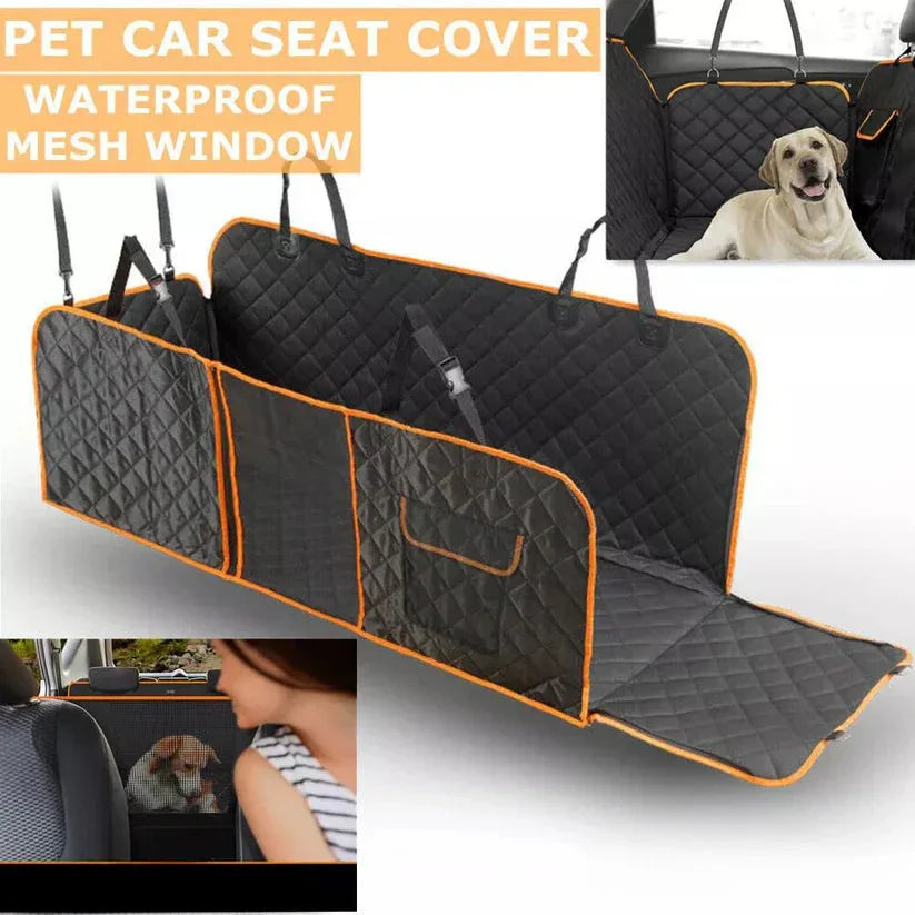 Pet car seat cover with waterproof mesh window, showing a dog inside and a person looking at the dog.

