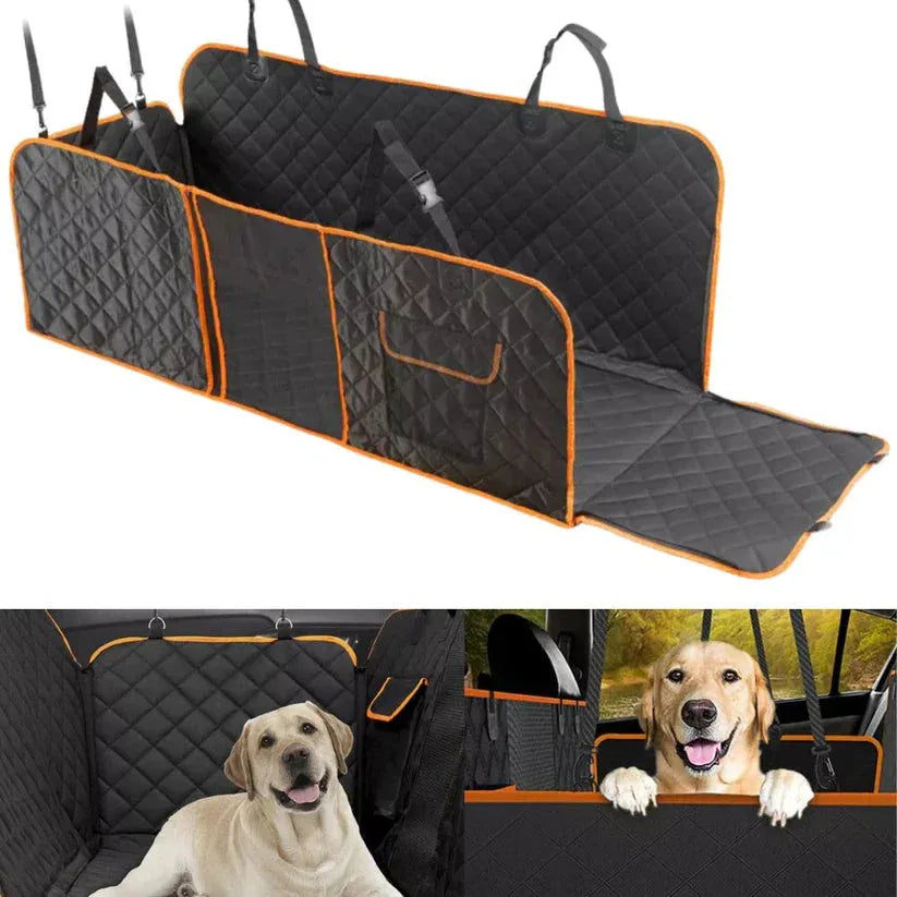 Car seat cover with quilted design and orange accents, shown with a dog inside a vehicle.

