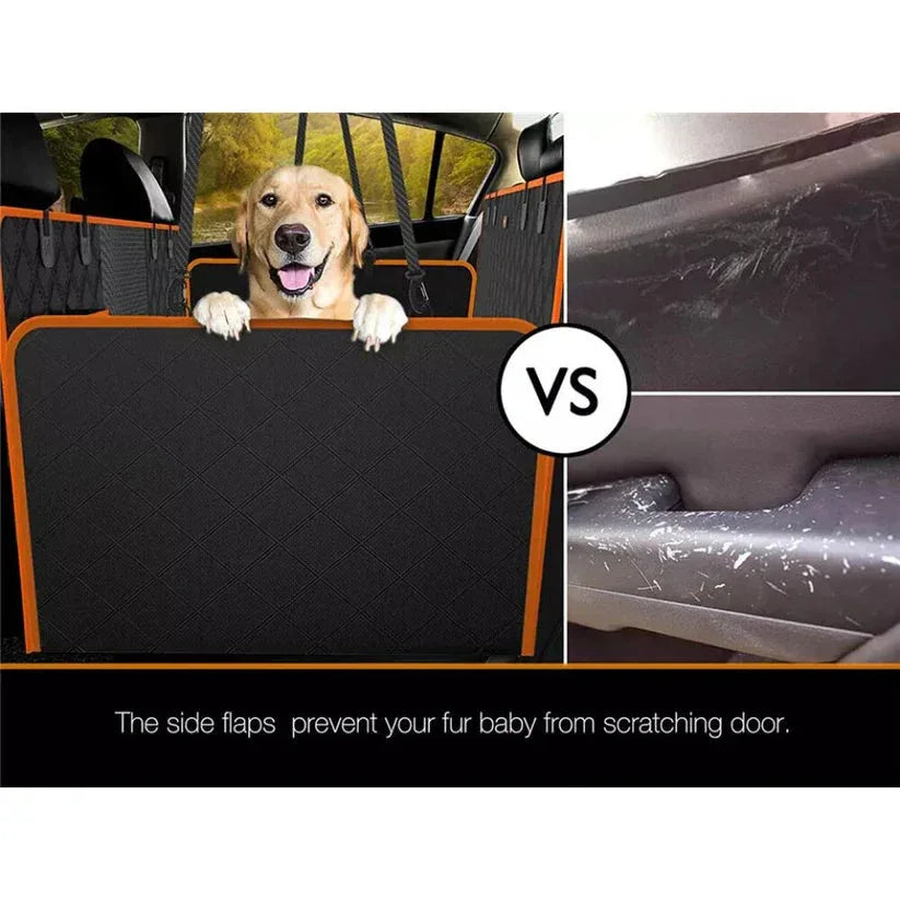 Pet car seat cover with side flaps preventing a dog from scratching a car door.

