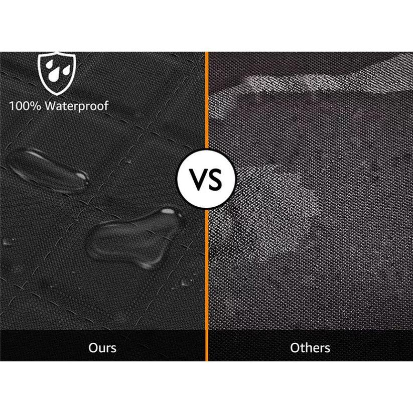 Comparison of waterproof material with '100% Waterproof' label on a black background.

