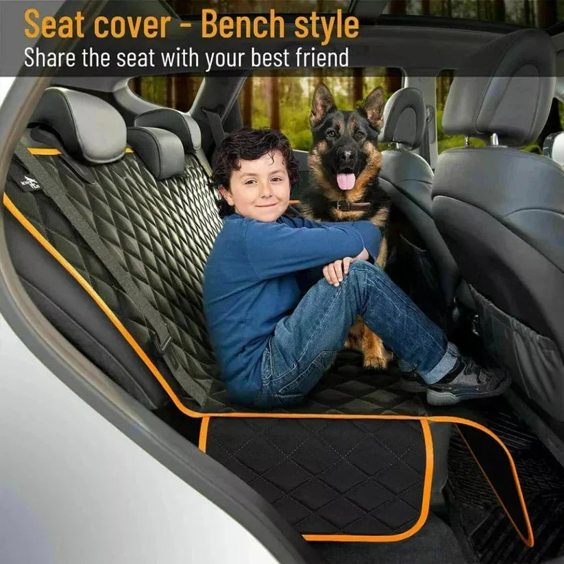 Car seat cover with a child and dog sitting on it, promoting pet safety.

