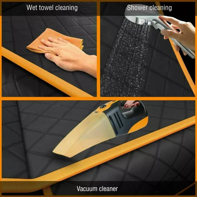 Collage of methods to clean a shower with wet towel, shower head, and vacuum cleaner.

