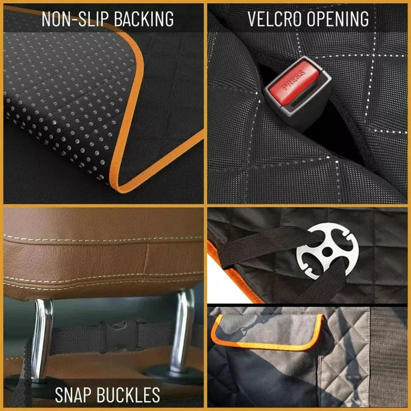 Collage of car seat features including non-slip backing, velcro opening, snap buckles, and a close-up of a buckle.

