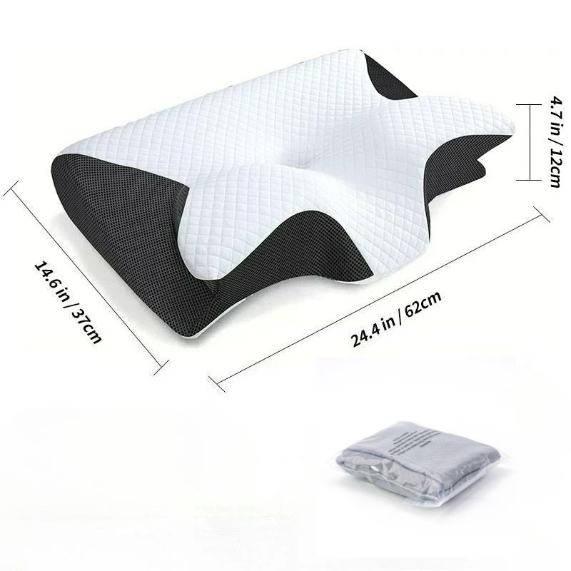 Cervical pillow with measurements on a white background


