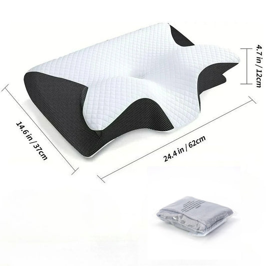 Cervical pillow with measurements on a white background

