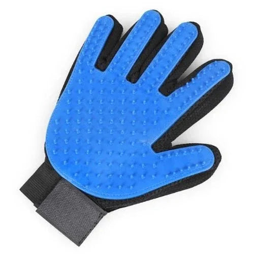 Blue grooming glove with black accents on a white background

