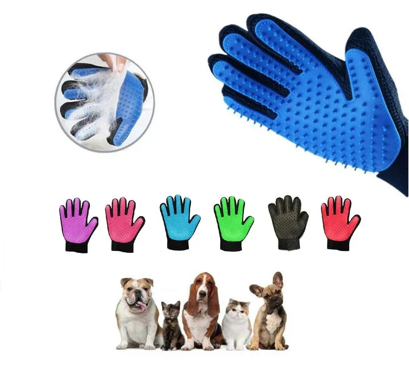 Grooming glove with textured surface, inset showing hand use, and multiple colored gloves displayed below.

