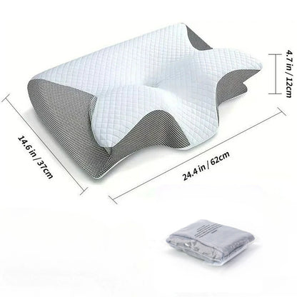 Ergonomic pillow with measurements on a white background

