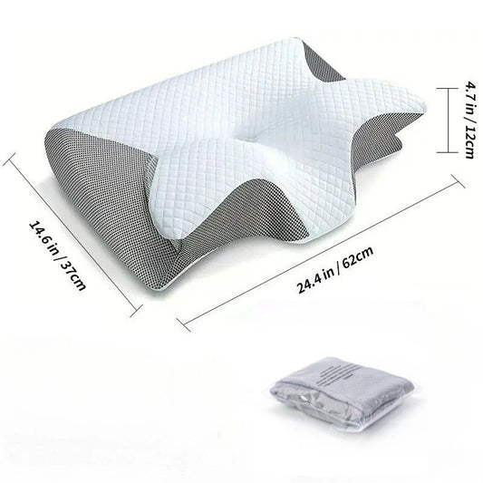 Ergonomic pillow with measurements on a white background

