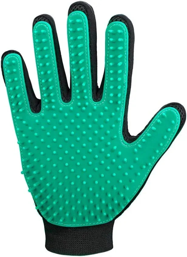Green grooming glove with black accents on a white background


