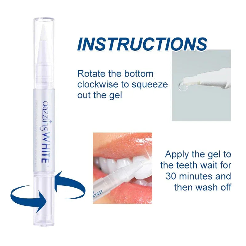 Teeth whitening gel applicator with usage instructions on a white background

