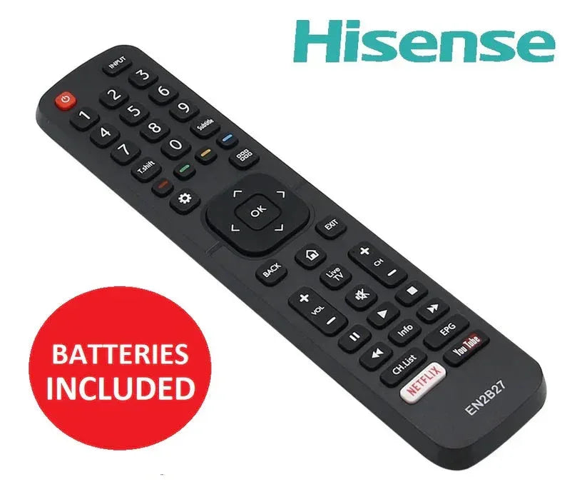 Black remote control with 'Batteries Included' label and Hisense logo on a white background

