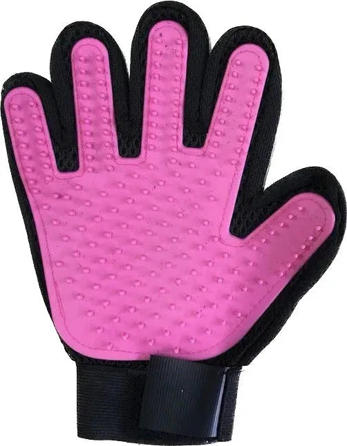 Pink grooming glove with black accents on a white background

