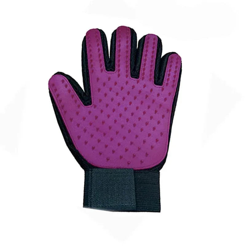 Purple grooming glove with black accents on a white background

