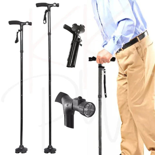Foldable Walking Cane Folding Stick Walker With LED Strap Black Metal Adjustable Handle Ausie Sales