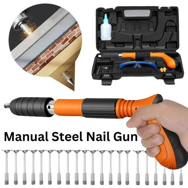 Manual steel nail gun with case, nail gun, and nails on a white background

