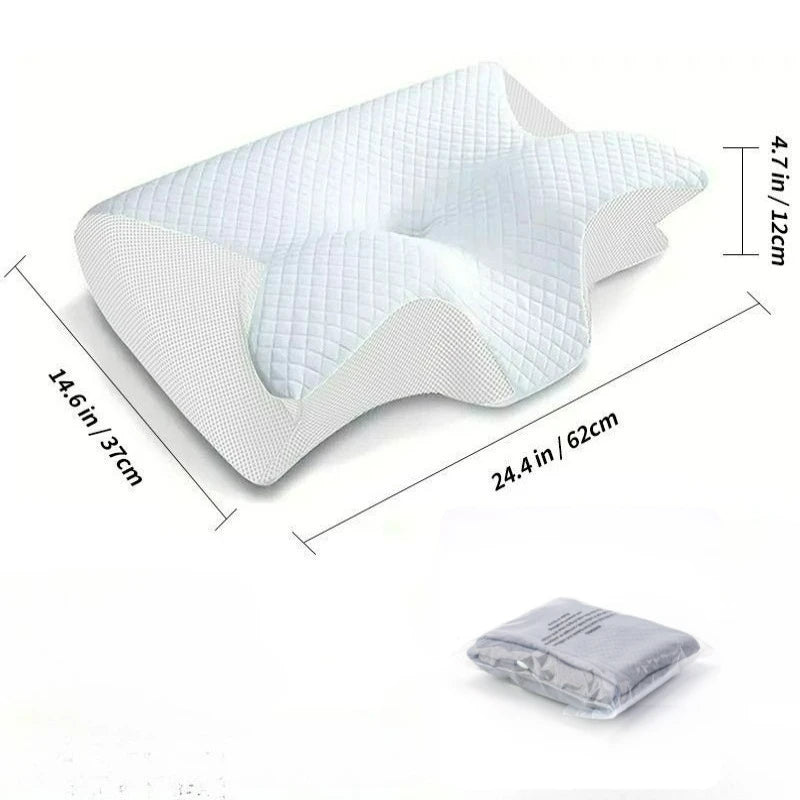 Ergonomic pillow with measurements on a white background

