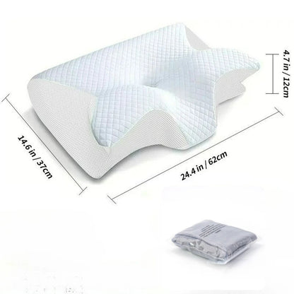 Ergonomic pillow with measurements on a white background

